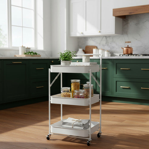 Carro Organizador Metal Blanco Plegable 3 Estantes Ruedas Cs Blanco