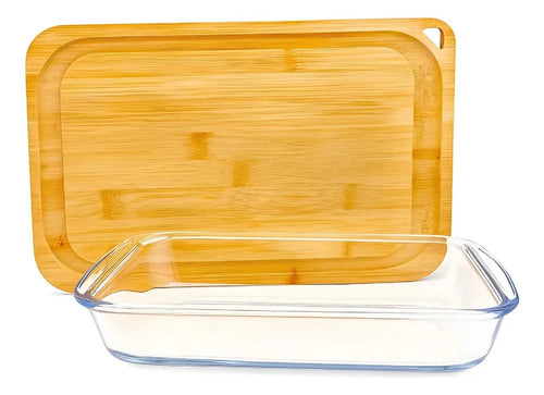 Set De 2 Fuentes Carol Vidrio Templado + Tabla De Bambu Marrón Claro