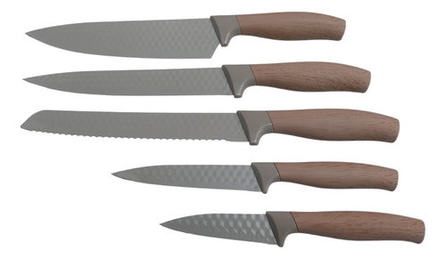 Set Juego 5 Cuchillos Tijera Soporte Cocina Chef Marron Cts Marrón Claro