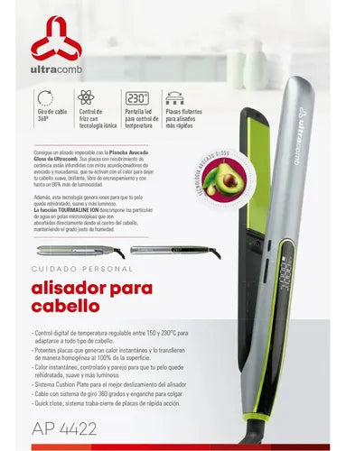 Plancha De Pelo Ultracomb Ap-4422 Cerámica Tourmaline Ion Plateado