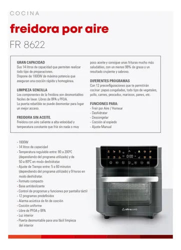 Freidora De Aire Digital 14 Lts Ultracomb Fr-8622 1800w Negra Con Espiedo 12 Programas Táctil Negro