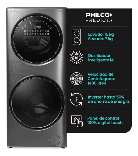 Torre De Lavado Inverter Lavasecarropas Philco Carga Frontal 15kg/7kg Dark Gray