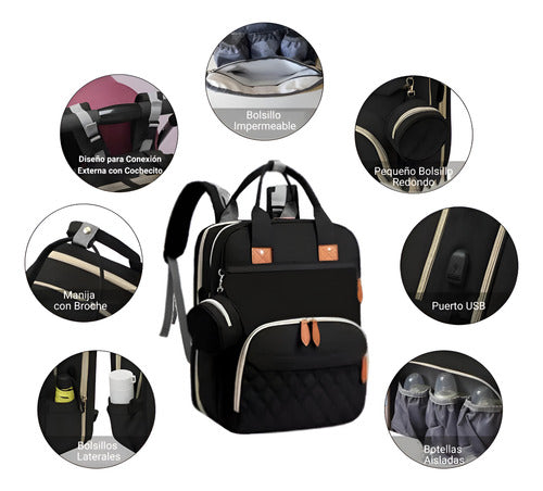 Mochila Multifunción Maternal Cambiador Cuna Para Bebe Negro Negro Liso