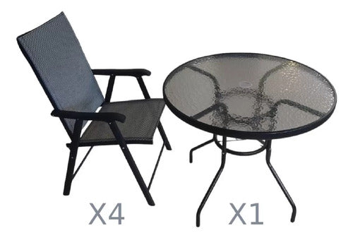 Combo 4 Sillas Plegable Jardin Ratan 1 Mesa 80cm Vidrio Caño Negro Lisa