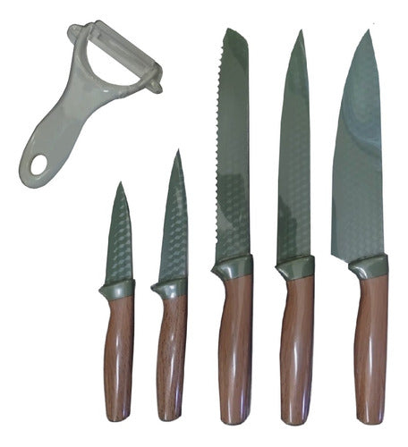 Juego De Cuchillos 6 Piezas Chef Pan Rallador Acero Inox Tm Verde Musgo