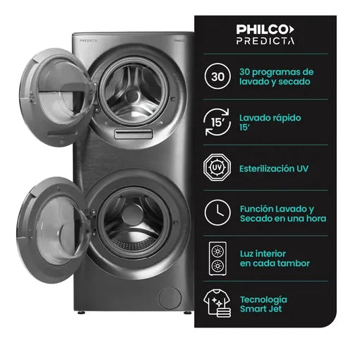 Torre De Lavado Inverter Lavasecarropas Philco Carga Frontal 15kg/7kg Dark Gray