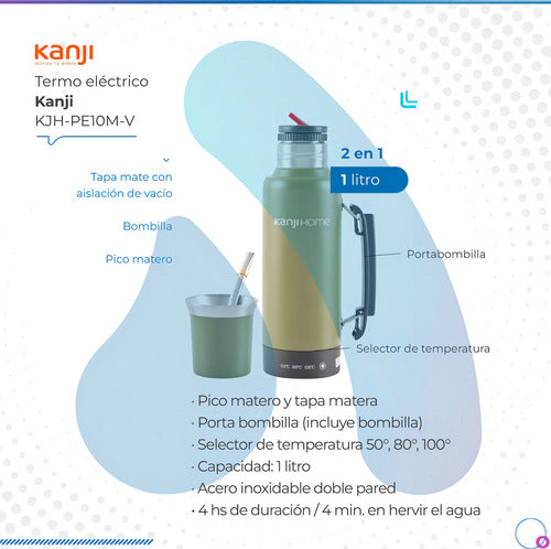 Termo Eléctrico T-mate 1 Litro Tapa Mate Y Bombilla Color Verde Kanjihome
