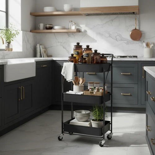 Carro Organizador Metal Negro Plegable 3 Estantes C/ruedas C Negro