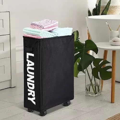 Cesto De Ropa Sucia Con Ruedas Plegable Compacto Rectángular Negro