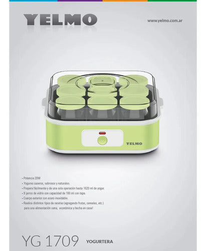 Yogurtera Electrica Yelmo Yg-1709 20w Acero Inoxidable 9 Jarros 180ml 1.62l 20w Verde