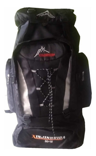 Mochila Camping Trekking 90l Negra Mochilera Tela Oxford Bolsillos Negro Sintético