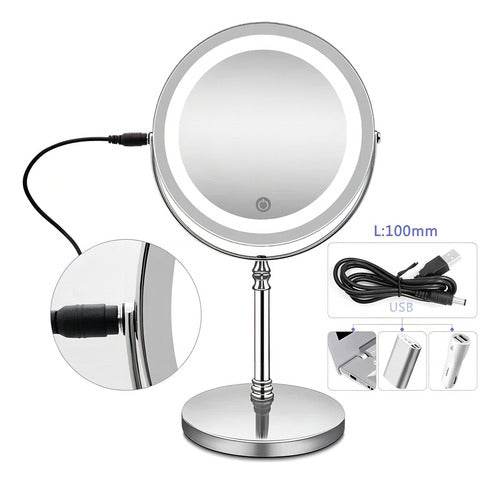 Espejo Tocador Aumento 10x /20cm Pie Carga Usb Luz Led Cts Marco Plateado