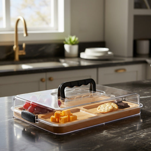 Bandeja De Bamboo Con Tapa Acrílico Para Picadas Marrón Claro