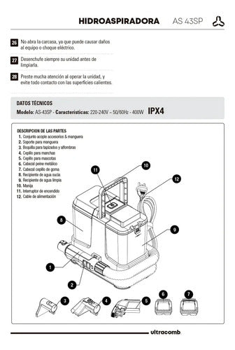 Hidroaspiradora Ultracomb As43sp 400w Con Pet Brush Para Alf Blanco
