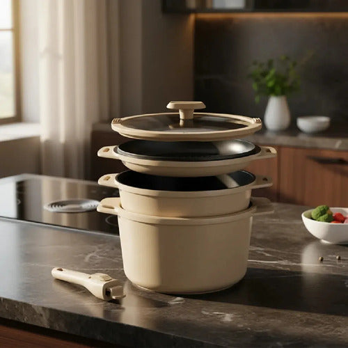 Set De Bateria Carol 6 En 1 Cacerola Bifera Colador Beige