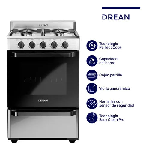 Cocina Multigas Drean Cd5602ai0 Inox 56cm 4 Hornallas Cs Gris