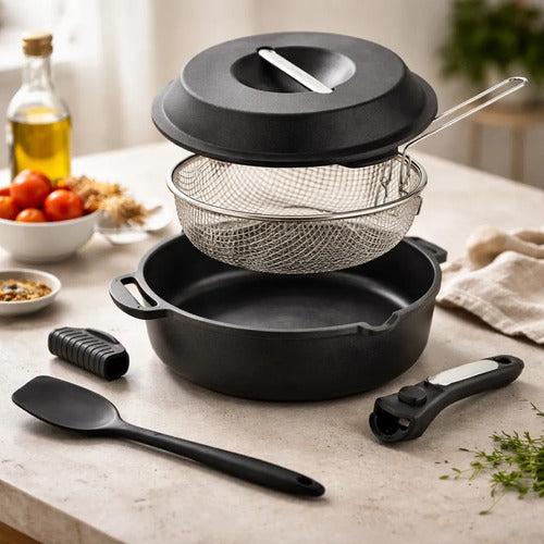 Set Carol Cacerola 28cm Sarten Freidor Alum Fundido 10 Usos Negro