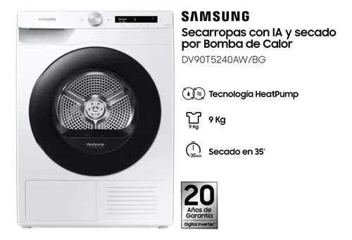 Secarropas Por Calor Samsung Sadv90t5240aw 9kg Inverter Color Blanco