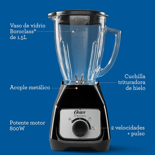 Licuadora Oster Blstkag 800 W Jarra De Vidrio Negro