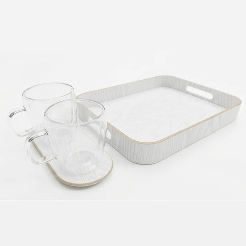 Set Carol De 2 Tazas De Vidrio Doble Pared + 2 Bandejas Blanco