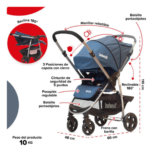 Cochecito De Paseo Bebesit 1390d Azul Manillar Rebatible Cts - Azul - Plateado