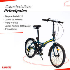 Bicicleta Plegable Randers Rodado 20 Shimano 7 Velocidades Color Azul