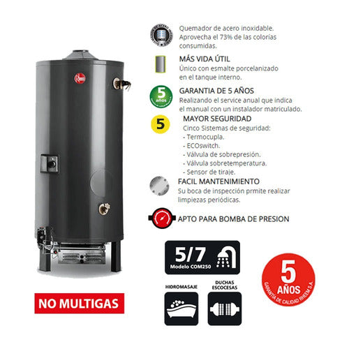 Termotanque Rheem A Gas Linea Comercial 250lts Tio Musa Gris Oscuro
