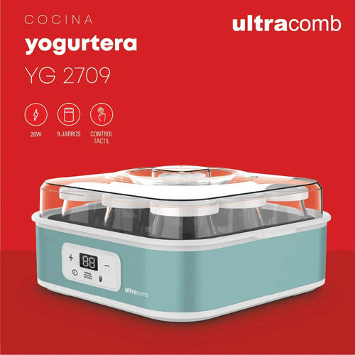 Yogurtera Digital Ultracomb Yg-2709 9 Jarros Vidrio Con Receta Capacidad De 1,6 Litros Celeste