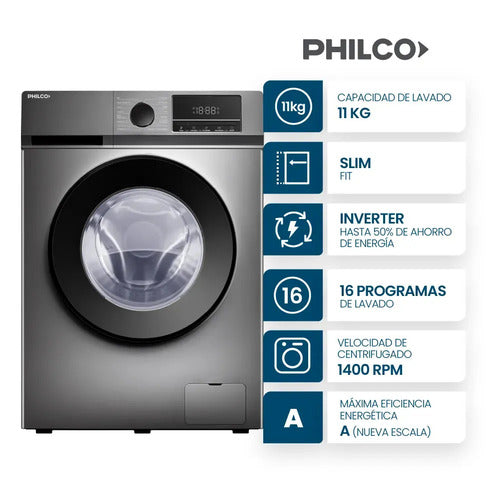Lavarropas Carga Frontal Philco 11 Kg Inverter Grey Silver Gris