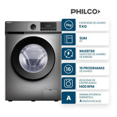 Lavarropas Carga Frontal Philco 11 Kg Inverter Grey Silver Gris