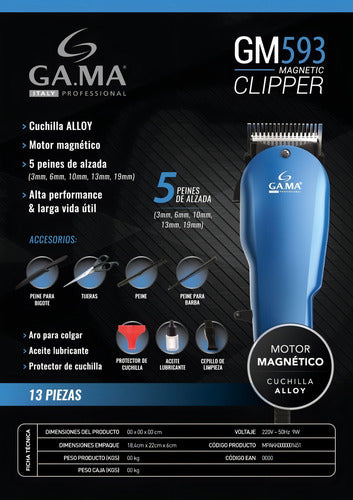 Cortadora De Pelo Gama Gm593 13 Piezas Profesional Magnetic Azul