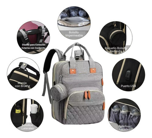 Mochila Multifunción Maternal Cambiador Cuna Para Bebe Gris Gris Claro Liso