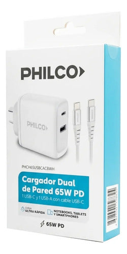 Cargador Dual De Pared Philco 65w Usb-c Usb-a C/cable Usb-c Blanco