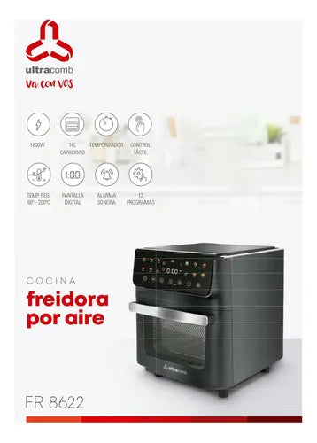 Freidora De Aire Digital 14 Lts Ultracomb Fr-8622 1800w Negra Con Espiedo 12 Programas Táctil Negro