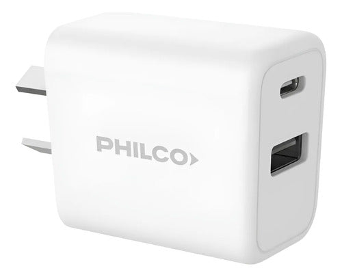 Cargador Dual De Pared Philco 30w 1 Usb-c Y 1 Usb-a Blanco