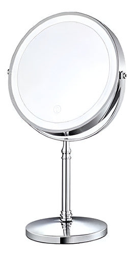 Espejo Redondo Gris Aluminio Pie Led 10x Tm Recargable Usb Maquillaje