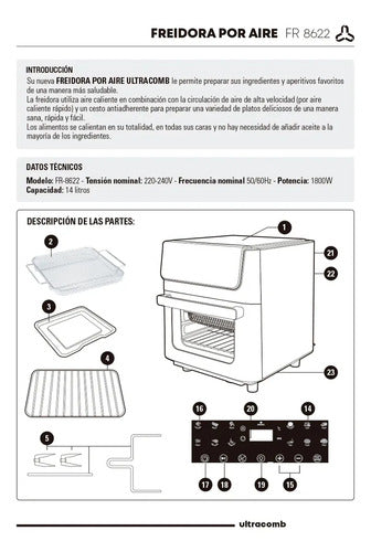 Freidora De Aire Digital 14 Lts Ultracomb Fr-8622 1800w Negra Con Espiedo 12 Programas Táctil Negro