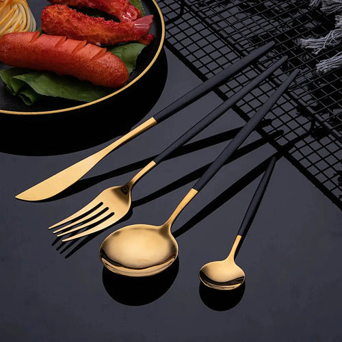 Set De Cubiertos Tm X 24 Piezas Acero Inox Dorado Negro Negro