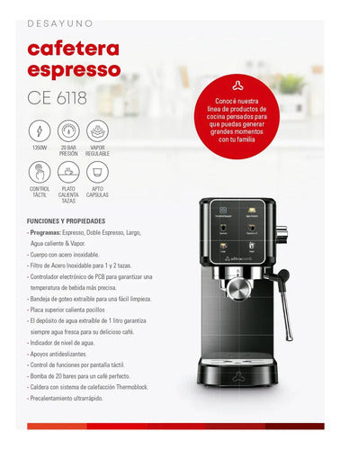 Cafetera Expresso Ultracomb Ce6118 Digital 20 Bares Pantalla Táctil Negra 1350w Compatible Capsulas Nespresso Negro