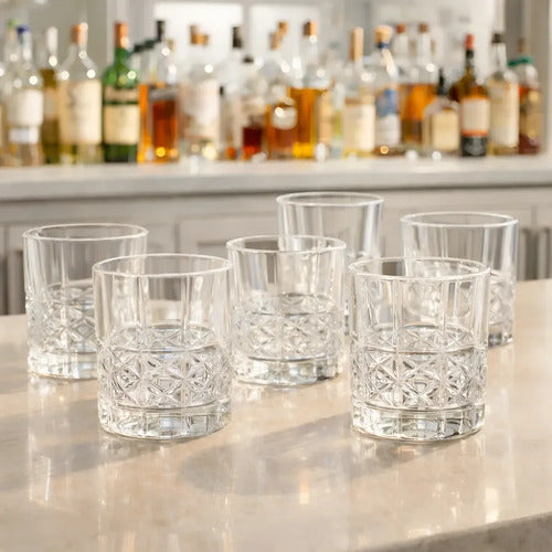 Juego De Vajilla 6 Vasos 350ml Vidrio Labrado Bandeja Carol Negro Lisa