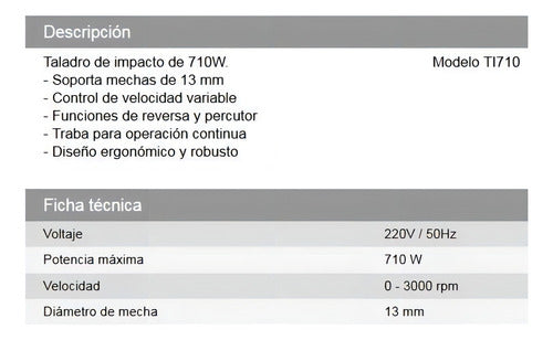 Taladro Eléctrico Percutor 710w 13mm Daihatsu Ti710 3000rpm 50hz Color Rojo Frecuencia 50 Hz Funciones De Reversa Y Percutor Y Traba Para Operación Continua