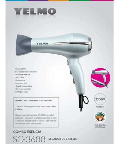 Secador Sc3688 Y Planchita De Cabello Ap3388 Yelmo Combo Esencia Ion Argan Set Plateado
