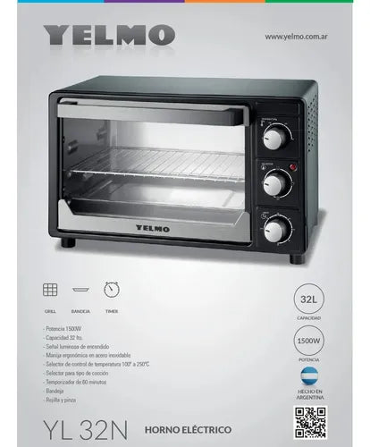 Horno Eléctrico Yelmo Yl-32n De 32lts Temporizador 1500w Grill Color Negro