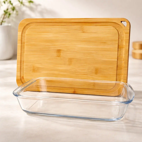 Set De 2 Fuentes Carol Vidrio Templado + Tabla De Bambu Marrón Claro