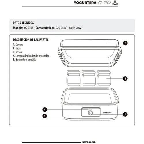 Yogurtera Ultracomb Yg-2706 6 Jarros Vidrio 1080ml 20w Celeste