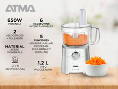 Multiprocesadora Atma Mp8405p De 1.2l 650w 2 Vel + Pulsador Color Blanco