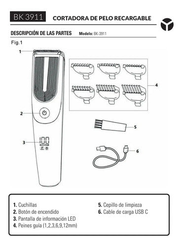 Cortadora De Pelo Yelmo Bk-3911 Recargable Con Pantalla Led Y 6 Peines De Corte Plateado