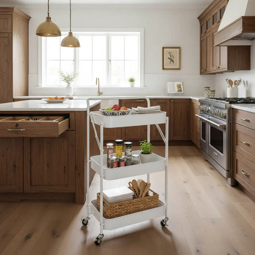 Carro Organizador Metal Blanco Plegable 3 Estantes Ruedas Cs Blanco