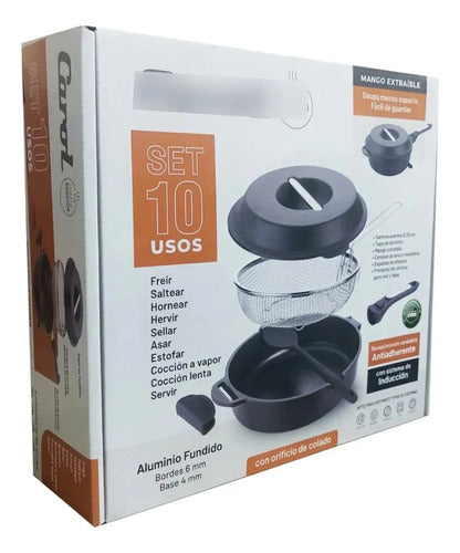 Set Carol Cacerola 28cm Sarten Freidor Alum Fundido 10 Usos Negro