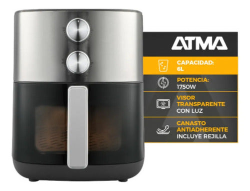Freidora De Aire Atma Fr256maip Con Visor 6l Inox 1750w Negro